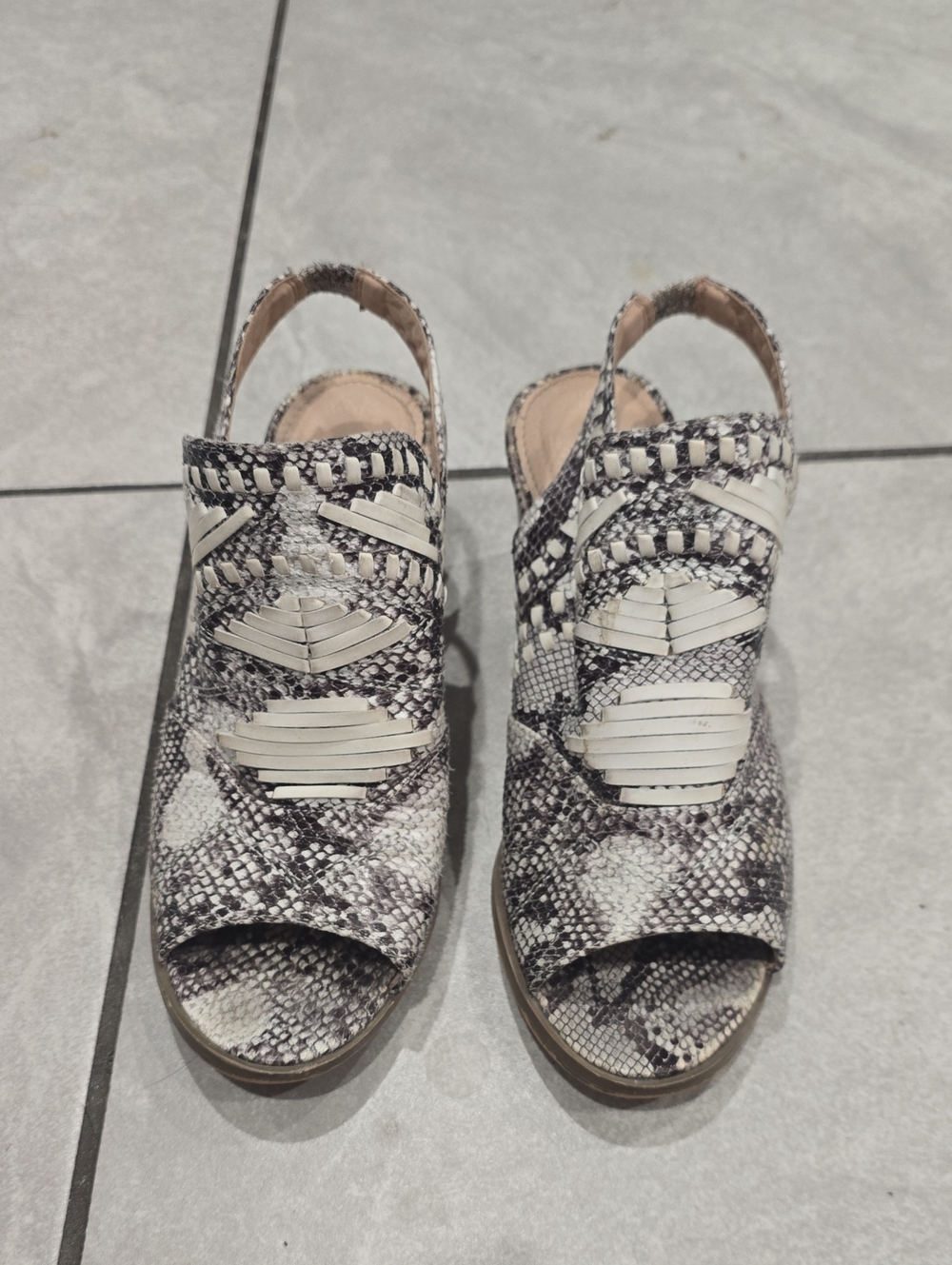 Woven Peep-Toe Slingback Sandals in White and Black Snake Print